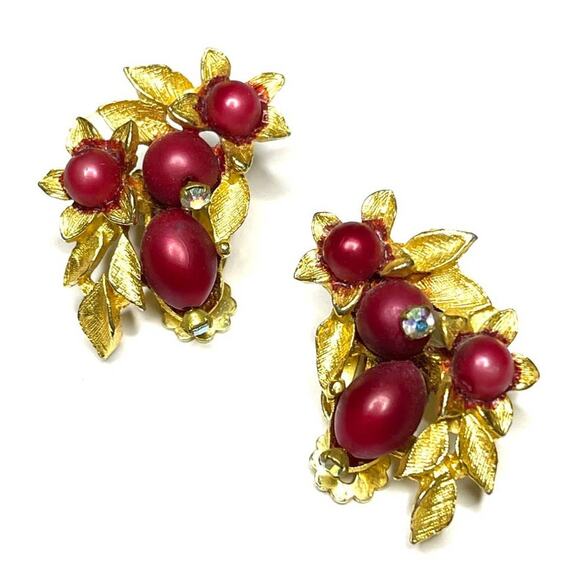 VINTAGE Earrings Red Faux Pearl Rhinestone Vtg Clip Estate Costume Jewelry AU02 - Picture 1 of 4